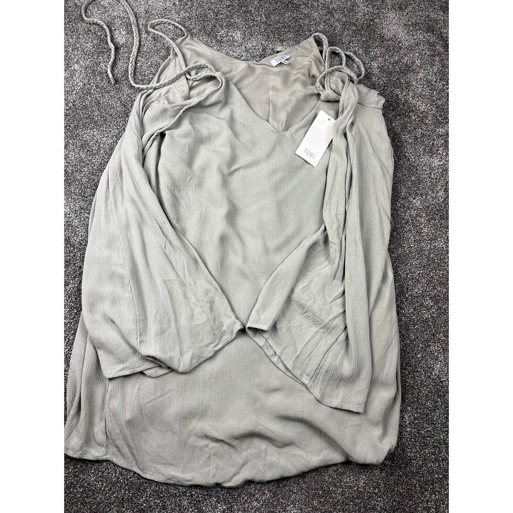 Tobi Top‎ Womens Small Cold Shoulder Spaghetti Strap Tunic Gauzy Loose Fit Olive
